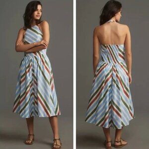 Maeve Anthropologie Halter Midi Sundress Stripe Print A-Line Size XS Women's NWT